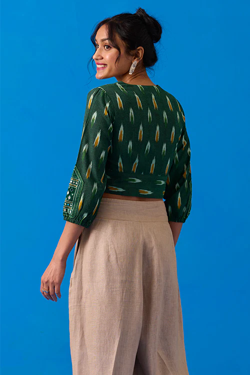 Okhai "Verdine" Hand-Embroidered Mirrorwork Pure Cotton Ikkat Green Top - Image 4