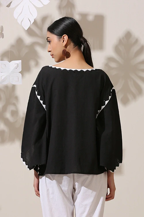 Okhai 'Whimsical Rhythm' Pure Cotton Applique Work Hand Embroidered Mirror Work Top - Image 2