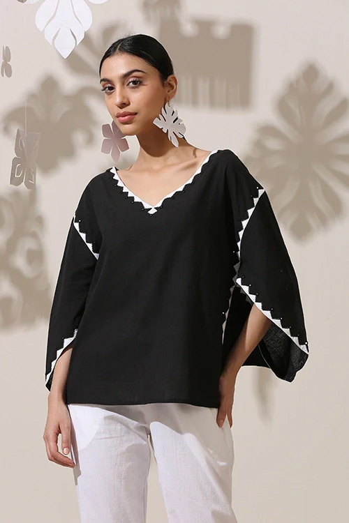 Okhai 'Whimsical Rhythm' Pure Cotton Applique Work Hand Embroidered Mirror Work Top - Image 3