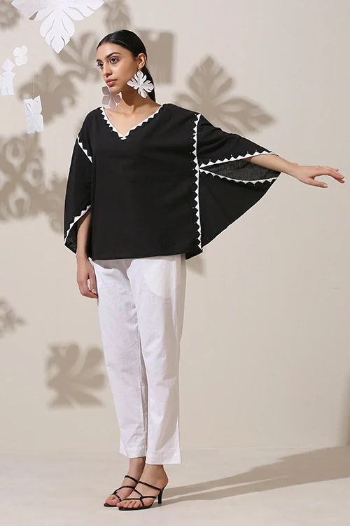 Okhai 'Whimsical Rhythm' Pure Cotton Applique Work Hand Embroidered Mirror Work Top - Image 7