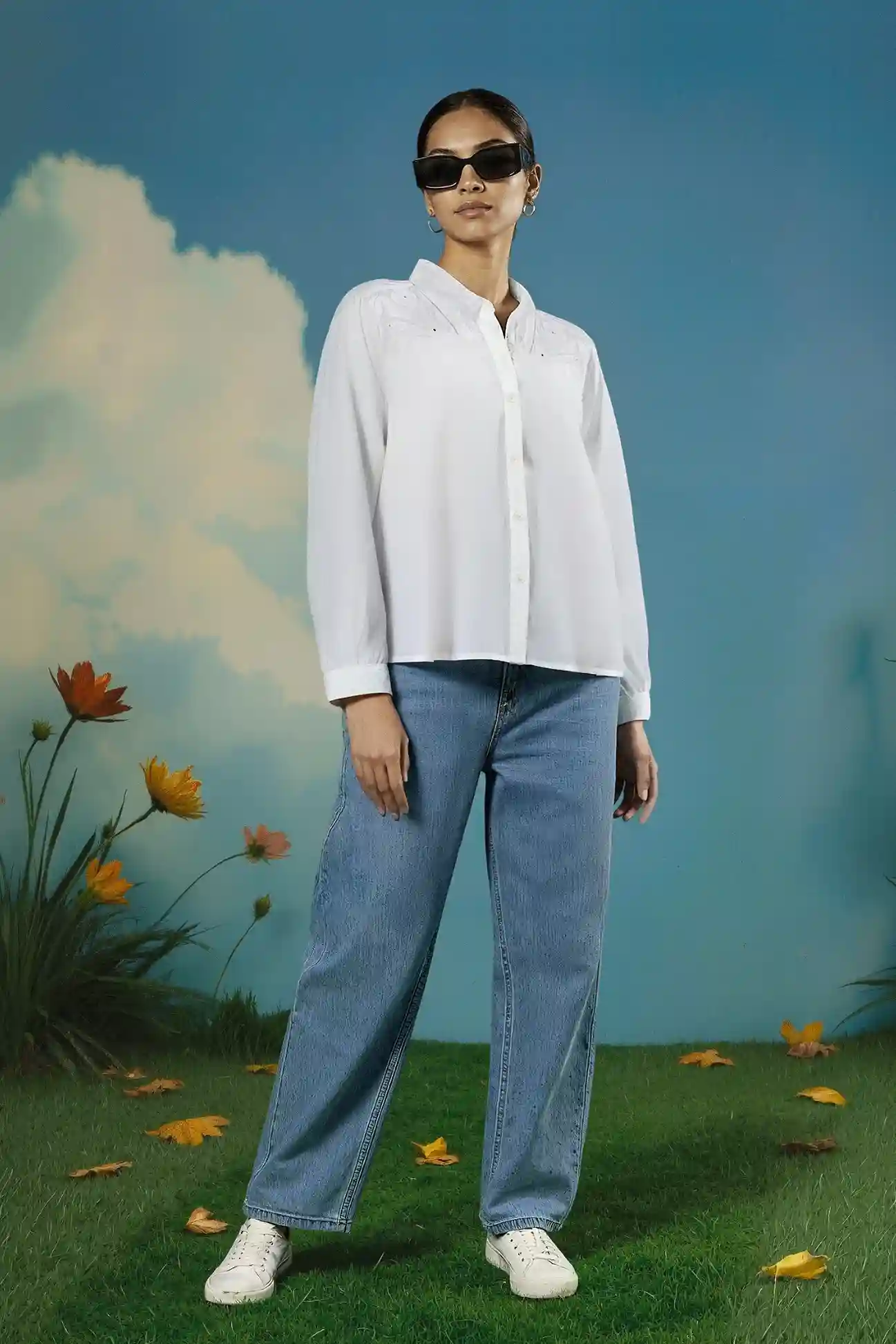 Okhai 'White Harmony' Pure Cotton Applique Work Hand Embroidered Mirror Work Shirt - Image 3
