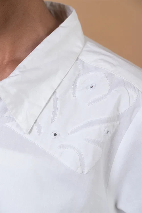 Okhai 'White Harmony' Pure Cotton Applique Work Hand Embroidered Mirror Work Shirt - Image 6