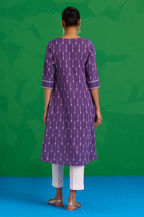 Okhai "Zephyr" Hand-Embroidered Mirrorwork Pure Cotton Ikkat Purple Kurta - Image 4