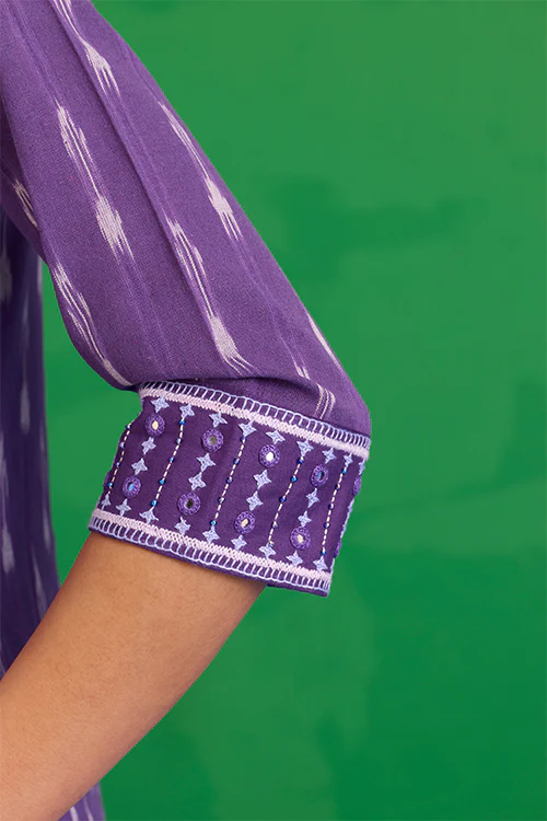 Okhai "Zephyr" Hand-Embroidered Mirrorwork Pure Cotton Ikkat Purple Kurta - Image 6