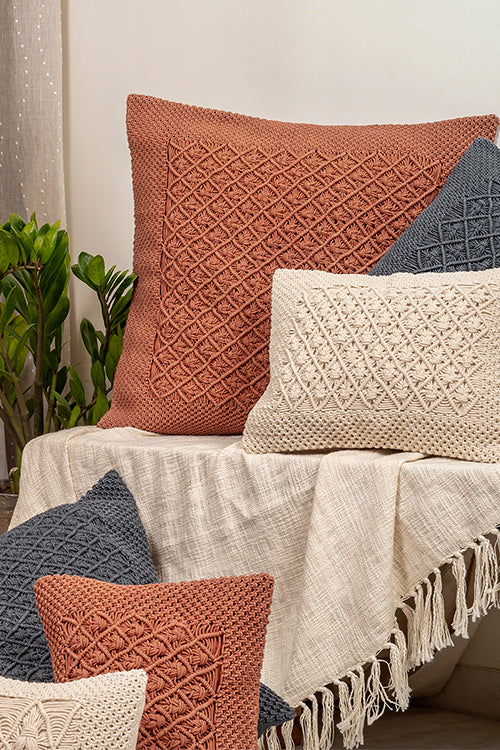 One 'O' Eight Knots Diamond Hand-Knotted 100% Cotton Cushion Cover (Single pc)-Dusty Pink - Image 2