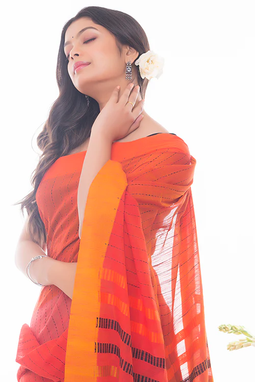 TICH Soft Bengal Handwoven Kantha Stitch Cotton Saree - Orange & Mustard - Image 3