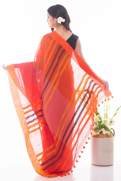 TICH Soft Bengal Handwoven Kantha Stitch Cotton Saree - Orange & Mustard - Image 4