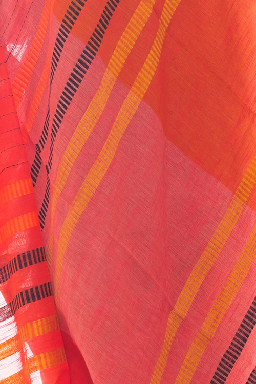 TICH Soft Bengal Handwoven Kantha Stitch Cotton Saree - Orange & Mustard - Image 5
