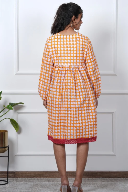 Sooti Syahi Orange Orchid Hand Block Printed Dress - Image 4