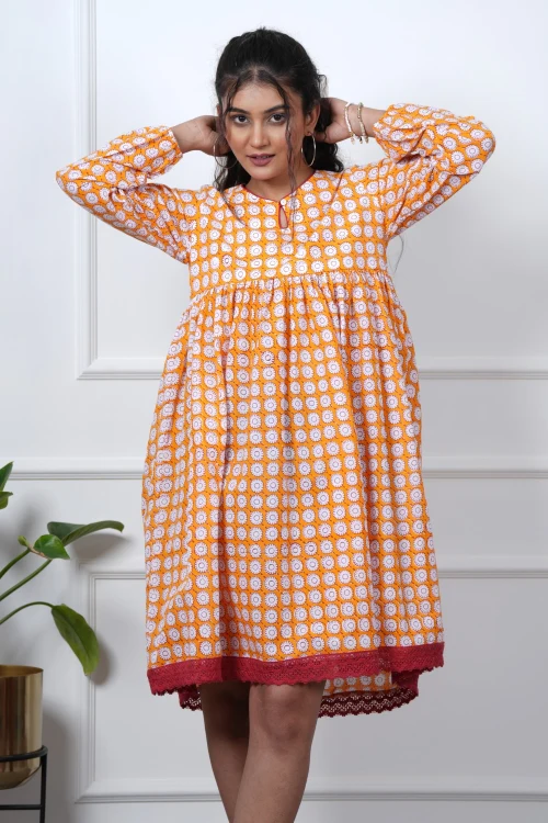 Sooti Syahi Orange Orchid Hand Block Printed Dress - Image 6