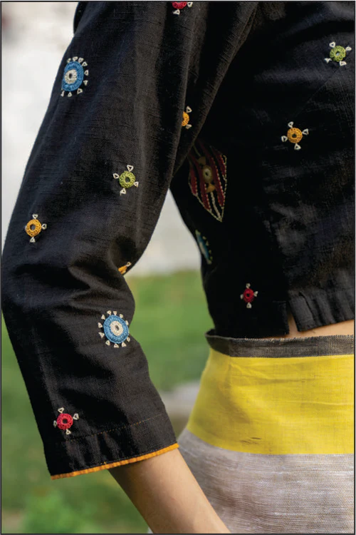 Paheli Black Shirt-Collar Cotton Blouse With Pakka Hand Embroidery - Image 2