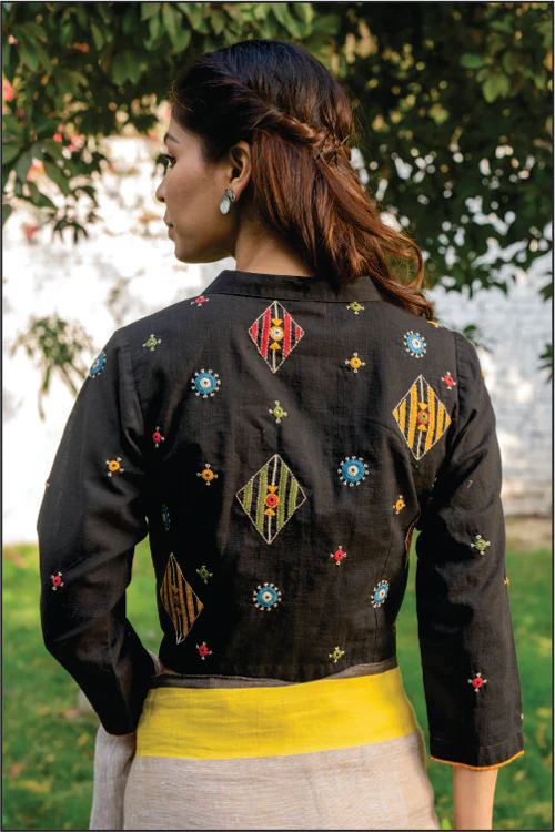 Paheli Black Shirt-Collar Cotton Blouse With Pakka Hand Embroidery - Image 3