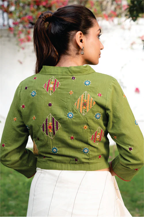 Paheli Green Shirt-Collar Cotton Blouse With Pakka Hand Embroidery