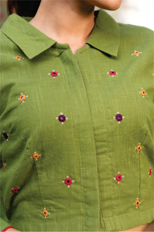 Paheli Green Shirt-Collar Cotton Blouse With Pakka Hand Embroidery - Image 2