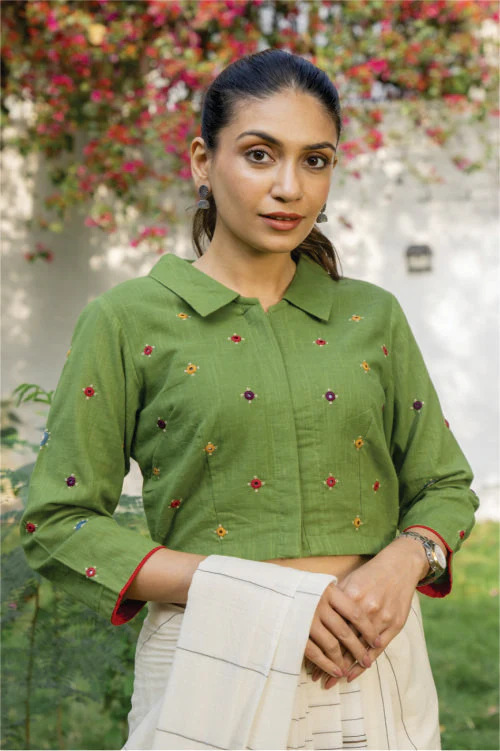 Paheli Green Shirt-Collar Cotton Blouse With Pakka Hand Embroidery - Image 3