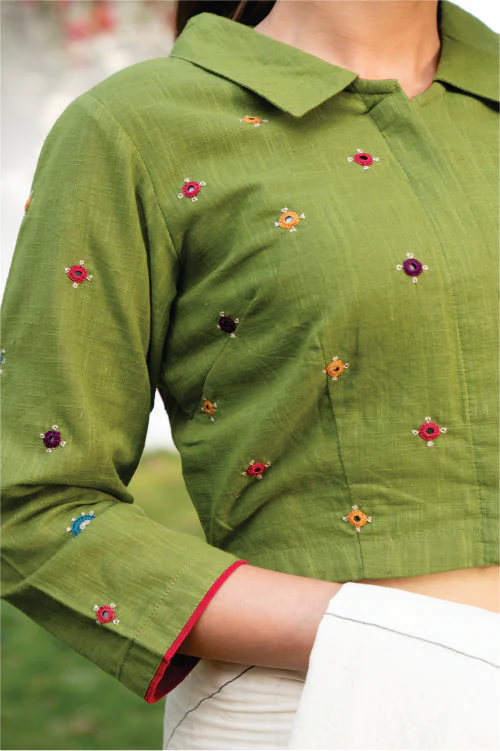 Paheli Green Shirt-Collar Cotton Blouse With Pakka Hand Embroidery - Image 4