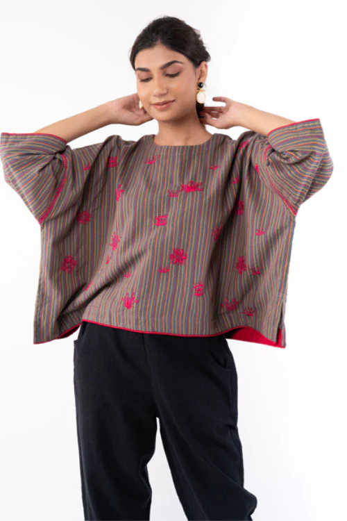 Rangsutra Pardis Grey Chikankari Round Neck Boxy Top