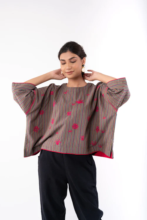 Rangsutra Pardis Grey Chikankari Round Neck Boxy Top - Image 2