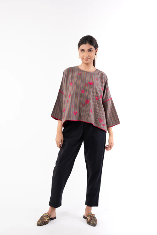 Rangsutra Pardis Grey Chikankari Round Neck Boxy Top - Image 3