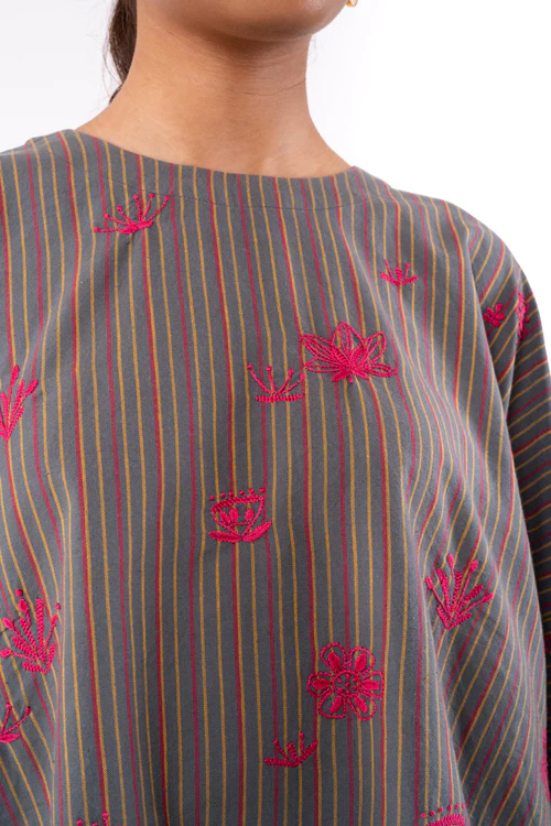 Rangsutra Pardis Grey Chikankari Round Neck Boxy Top - Image 9