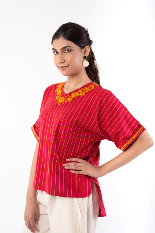 Rangsutra Pardis Red Chikankari Round Neck Boxy Top