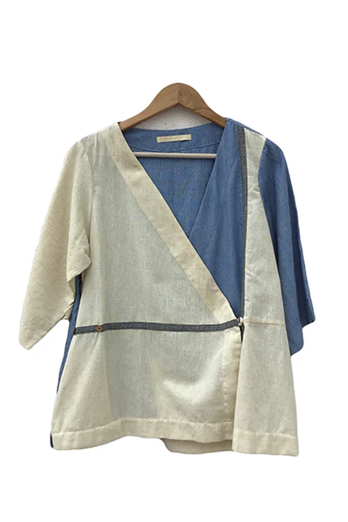 Patch Over Patch Blue Grey Wrap Top - Image 3