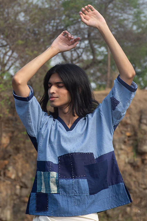 Patch Over Patch Indigo Patched Classic V Neck Top - Image 3