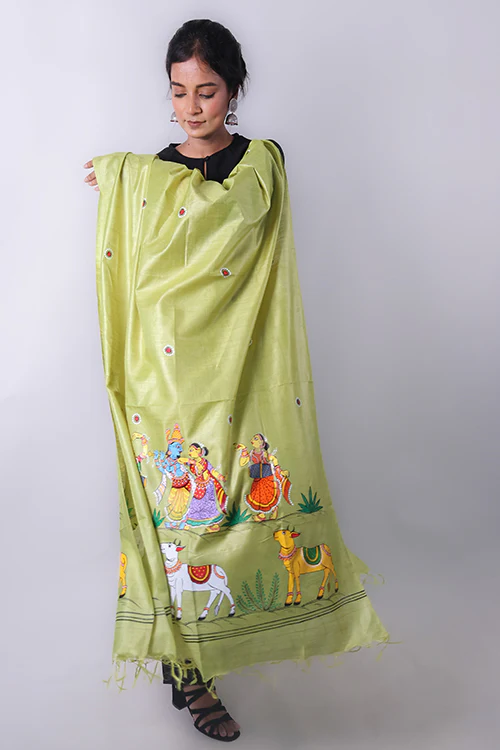 Diorama Designs Pattachitra Handpainted "Krishna Raas" Munga Silk Dupatta - Image 3