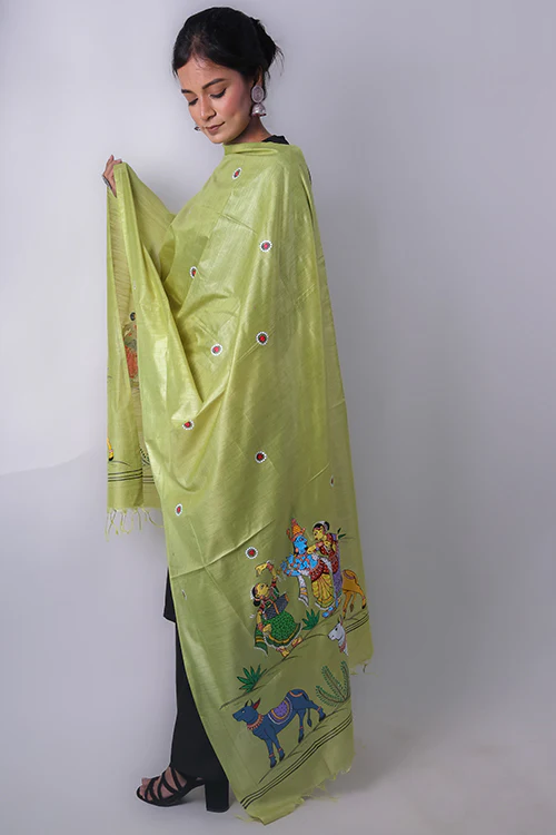 Diorama Designs Pattachitra Handpainted "Krishna Raas" Munga Silk Dupatta - Image 4