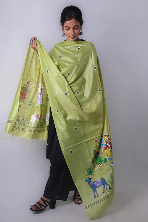 Diorama Designs Pattachitra Handpainted "Krishna Raas" Munga Silk Dupatta - Image 5