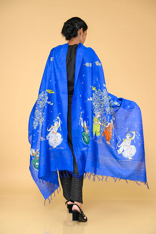 Diorama Designs Pattachitra Handpainted Munga Silk  "Tranquil" Dupatta - Image 2