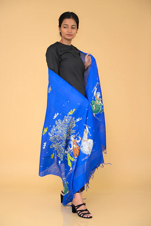 Diorama Designs Pattachitra Handpainted Munga Silk  "Tranquil" Dupatta - Image 3