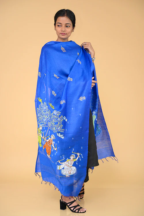 Diorama Designs Pattachitra Handpainted Munga Silk  "Tranquil" Dupatta - Image 4