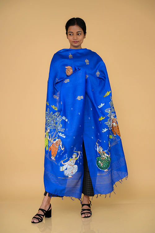Diorama Designs Pattachitra Handpainted Munga Silk  "Tranquil" Dupatta - Image 5