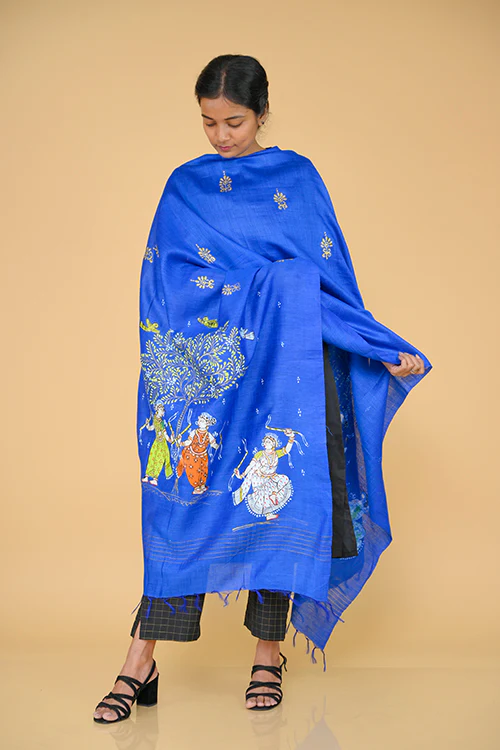 Diorama Designs Pattachitra Handpainted Munga Silk  "Tranquil" Dupatta - Image 6