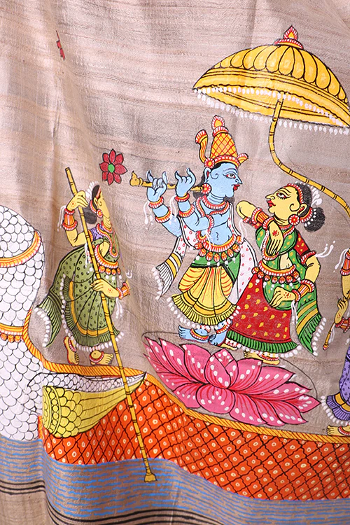 Diorama Designs Pattachitra Handpainted Tussar Silk "Krishna Leela" Dupatta - Image 5