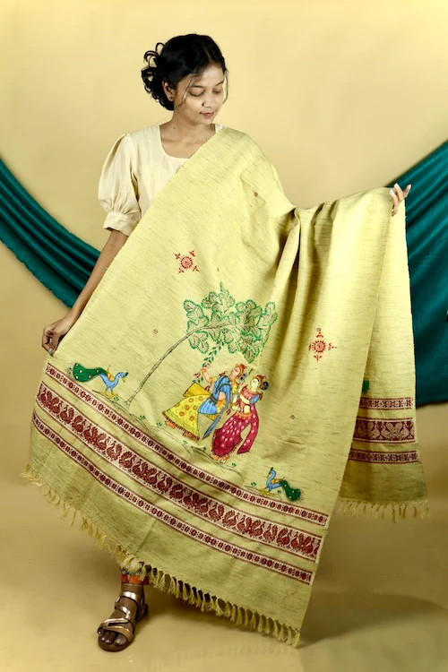 Diorama Designs Pattachitra "Mayur" Handpainted Raw Silk Cotton Shawl