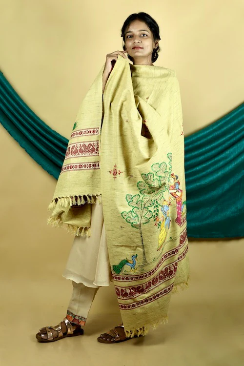 Diorama Designs Pattachitra "Mayur" Handpainted Raw Silk Cotton Shawl - Image 2