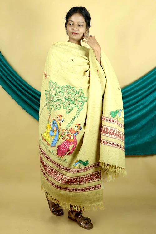 Diorama Designs Pattachitra "Mayur" Handpainted Raw Silk Cotton Shawl - Image 3