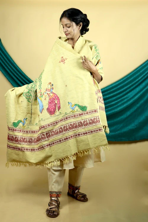 Diorama Designs Pattachitra "Mayur" Handpainted Raw Silk Cotton Shawl - Image 4