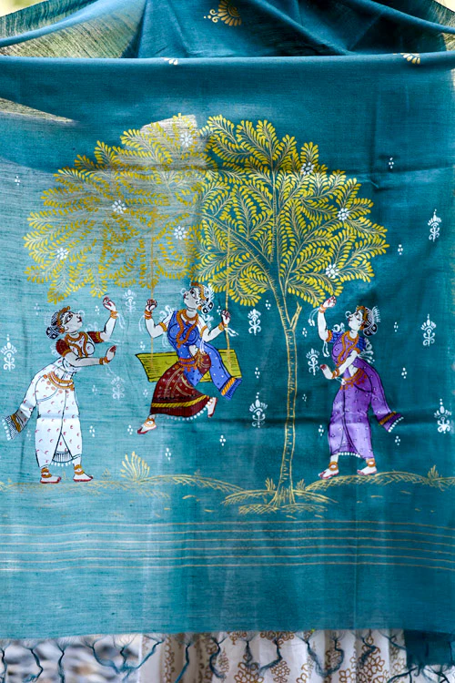 Diorama Designs Pattachitra Teal Grey Handpainted Munga Silk Dupatta - Image 3