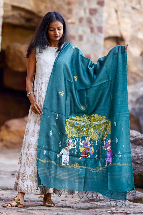 Diorama Designs Pattachitra Teal Grey Handpainted Munga Silk Dupatta - Image 4