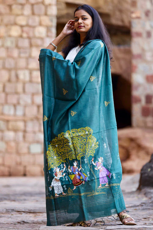 Diorama Designs Pattachitra Teal Grey Handpainted Munga Silk Dupatta - Image 5