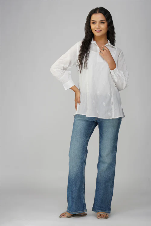 Phae Aahana White Shirt In Mulmul With Sequin - Image 3