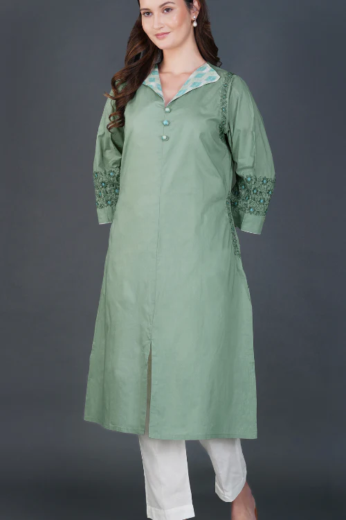 Phae Aarna Kurta With Contrast Collar And Hand Chikankari - Image 2