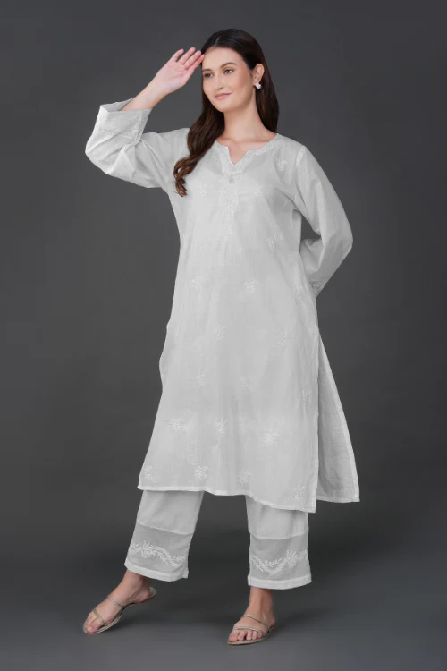 Phae Aastha Cotton Cross Hatch Kurta With Hand Chikankari - Image 4