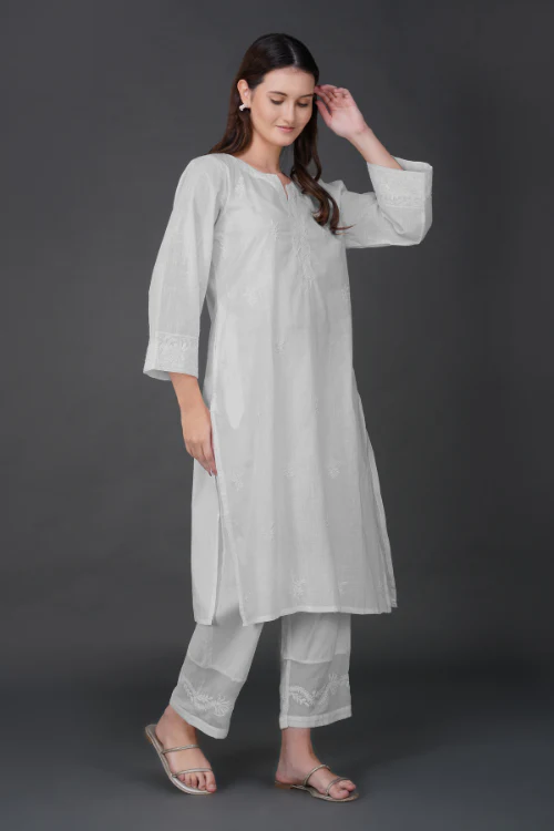 Phae Aastha Cotton Cross Hatch Kurta With Hand Chikankari - Image 6