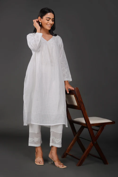 Phae Amina Cotton Self Check Kurta With Hand Chikankari - Image 6