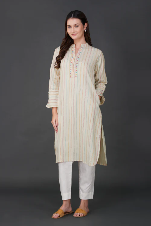 Phae Falguni Striped Kurta With Hand Embroidery