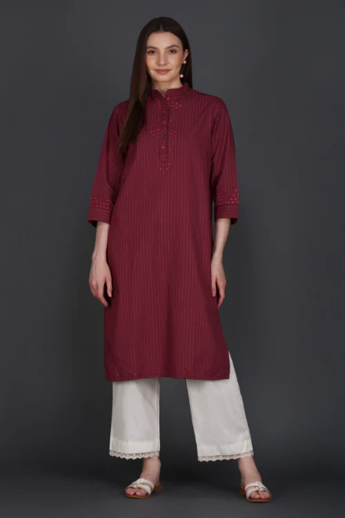 Phae Fiza Kurta With Cream Stripe In Cotton
